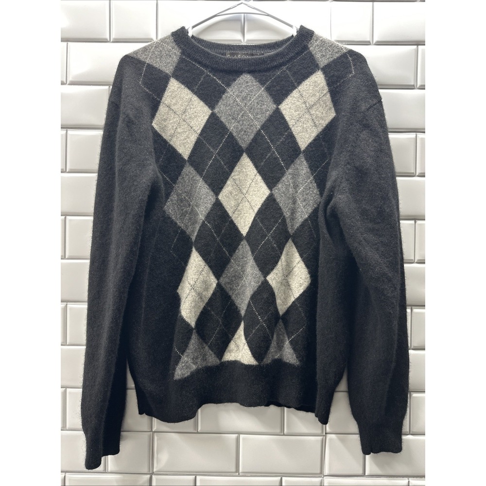 Giasone Men's Size XL 100% Cashmere Long Sleeve Argyle Sweater Black Gray